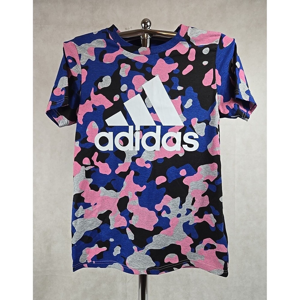 Adidas Shirt Boys Size Large Short Sleeve Blue Pink Camo T-Shirt Active Tee NWT